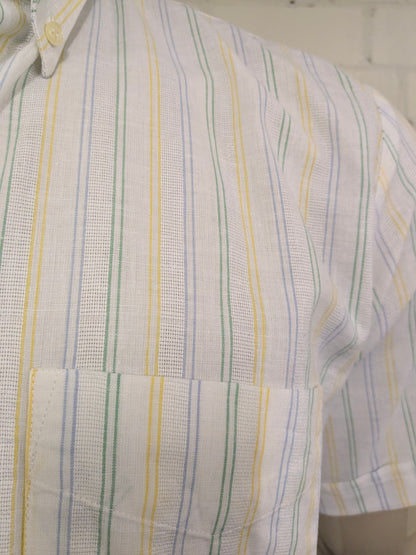 Vintage G by George overhemd korte mouw. Geel Blauw Groen gestreept. Maat L.