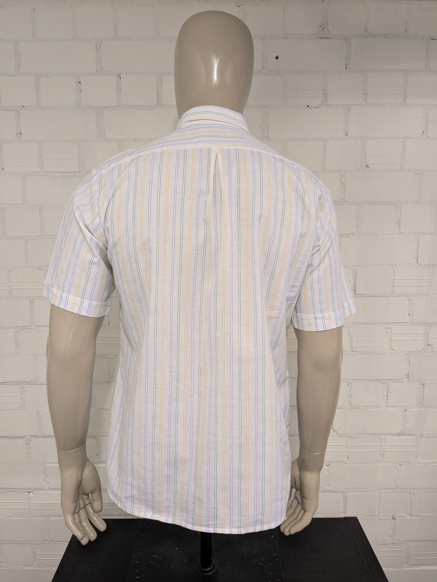 Vintage G by George overhemd korte mouw. Geel Blauw Groen gestreept. Maat L.