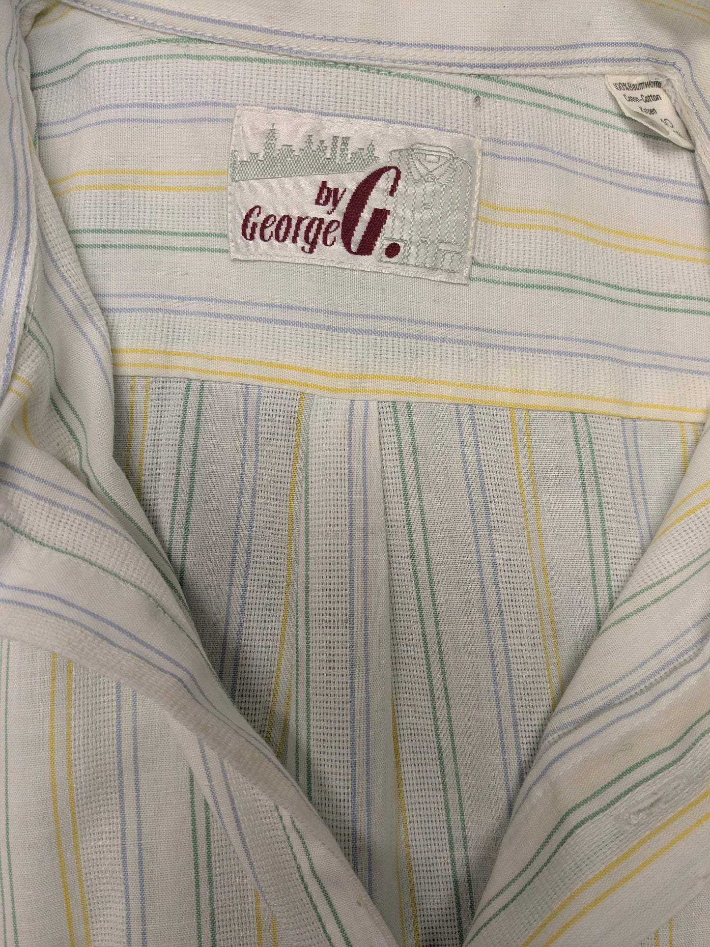 Vintage G by George overhemd korte mouw. Geel Blauw Groen gestreept. Maat L.