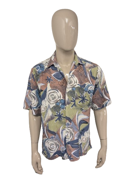 Vintage 80-90's Toto & Couturio overhemd korte mouw. Groen Blauw Bruine print. Maat L.