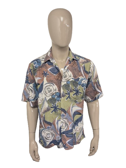Vintage 80-90's Toto & Couturio overhemd korte mouw. Groen Blauw Bruine print. Maat L.