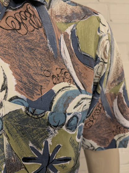 Vintage 80-90's Toto & Couturio overhemd korte mouw. Groen Blauw Bruine print. Maat L.