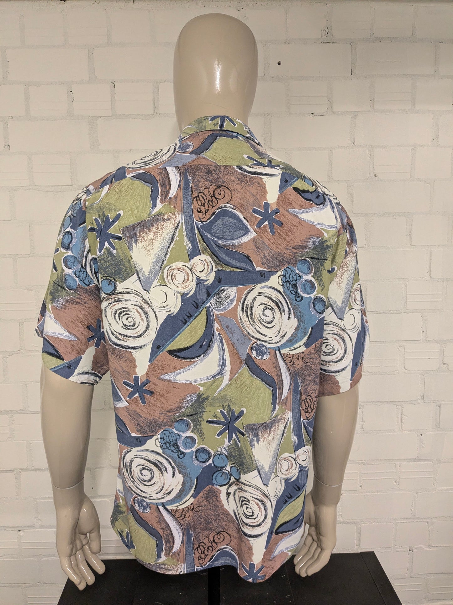 Vintage 80-90's Toto & Couturio overhemd korte mouw. Groen Blauw Bruine print. Maat L.