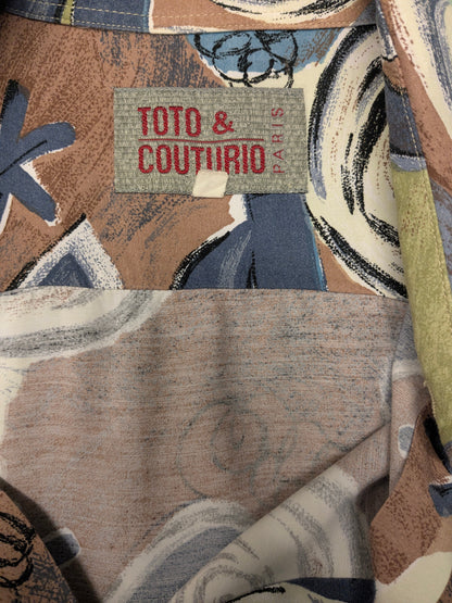 Vintage 80-90's Toto & Couturio overhemd korte mouw. Groen Blauw Bruine print. Maat L.