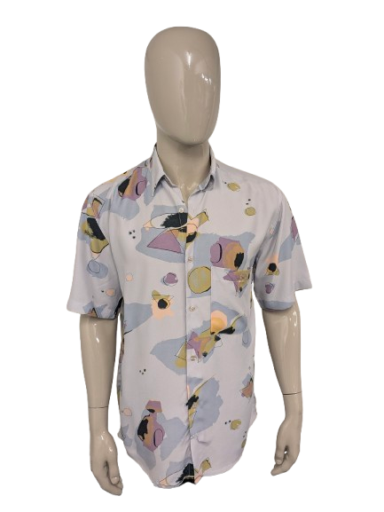 Vintage 80-90's Piña Colado overhemd korte mouw. Paars Grijs Blauw Groene print. Maat L.