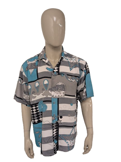 Vintage 80-90's HOM overhemd korte mouw. Groen Grijs Blauwe print. Maat XL.