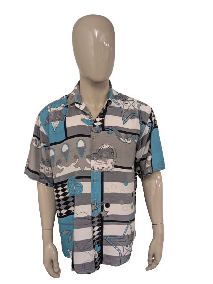 Vintage 80-90's HOM overhemd korte mouw. Groen Grijs Blauwe print. Maat XL.