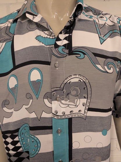 Vintage 80-90's HOM overhemd korte mouw. Groen Grijs Blauwe print. Maat XL.