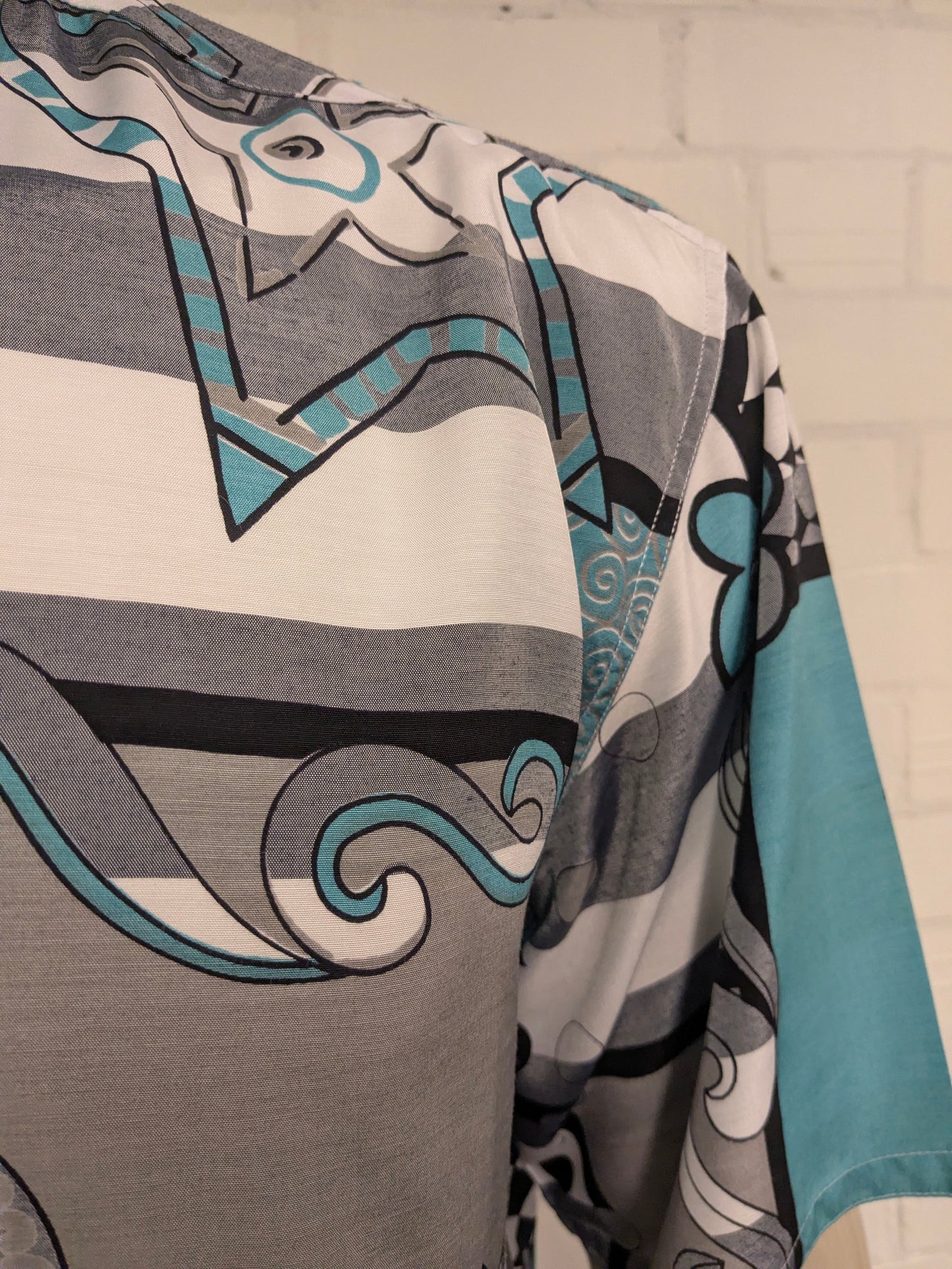 Vintage 80-90's HOM overhemd korte mouw. Groen Grijs Blauwe print. Maat XL.