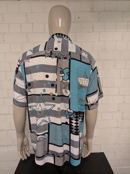 Vintage 80-90's HOM overhemd korte mouw. Groen Grijs Blauwe print. Maat XL.