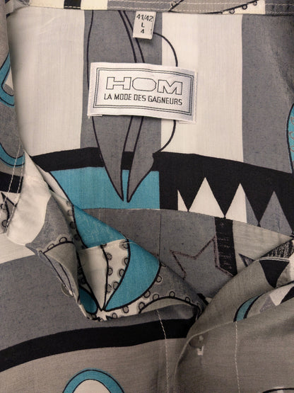 Vintage 80-90's HOM overhemd korte mouw. Groen Grijs Blauwe print. Maat XL.