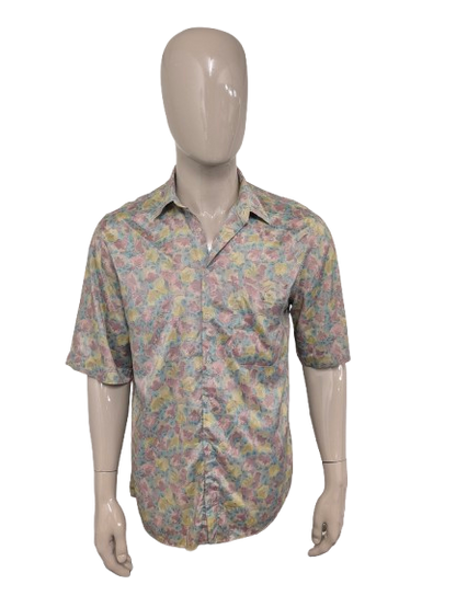 Vintage Bacardi Zijden overhemd korte mouw. Bruin Groen print. Maat L.