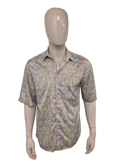 Vintage Bacardi Zijden overhemd korte mouw. Bruin Groen print. Maat L.