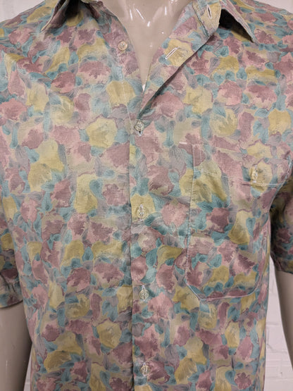 Vintage Bacardi Zijden overhemd korte mouw. Bruin Groen print. Maat L.