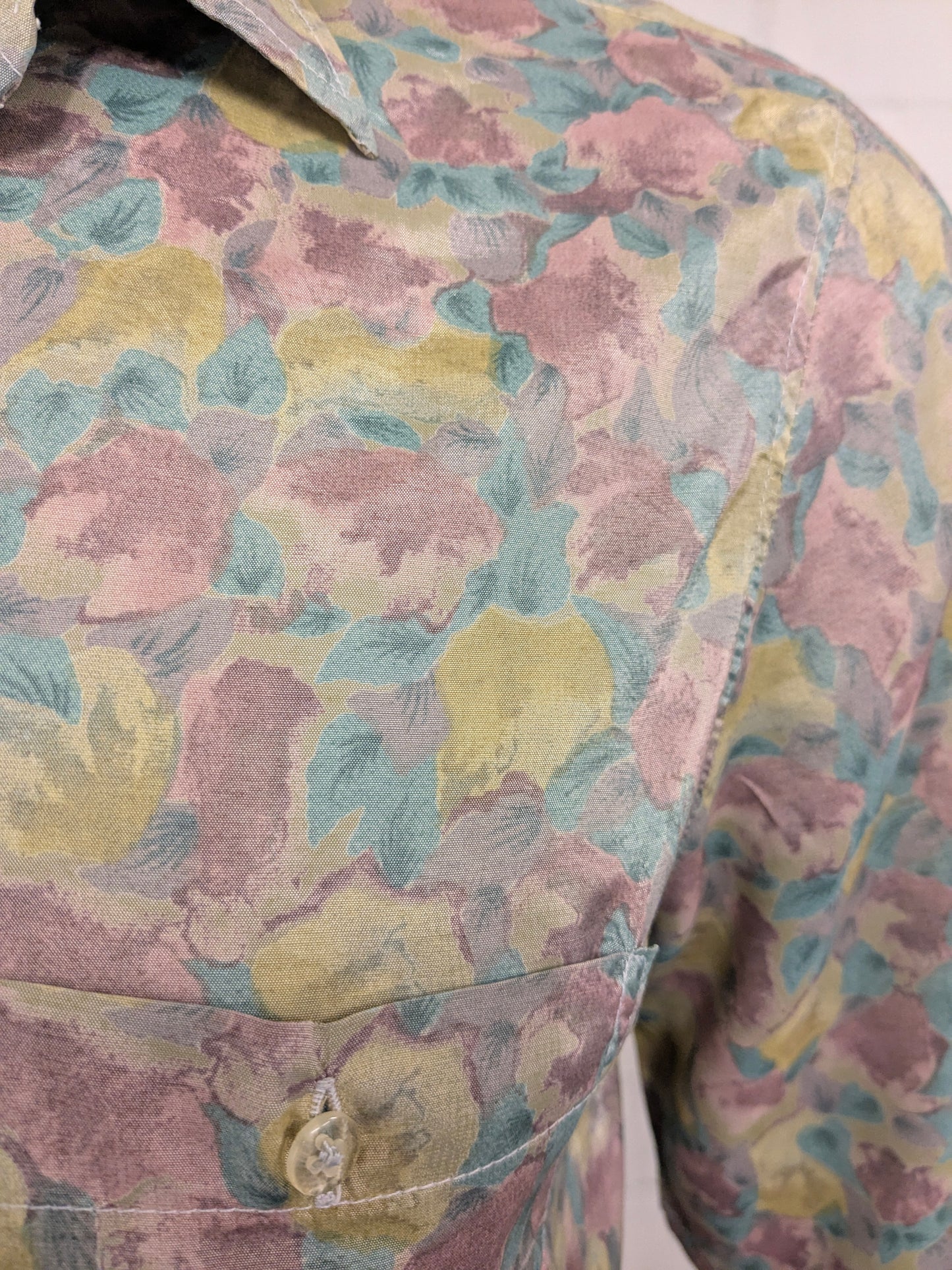 Vintage Bacardi Zijden overhemd korte mouw. Bruin Groen print. Maat L.