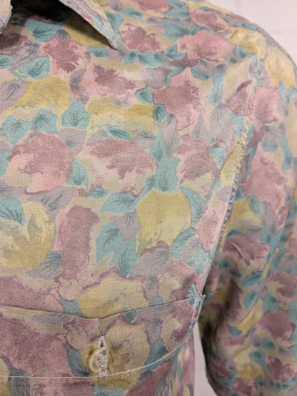 Vintage Bacardi Zijden overhemd korte mouw. Bruin Groen print. Maat L.