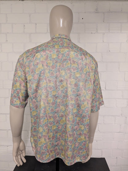 Vintage Bacardi Zijden overhemd korte mouw. Bruin Groen print. Maat L.