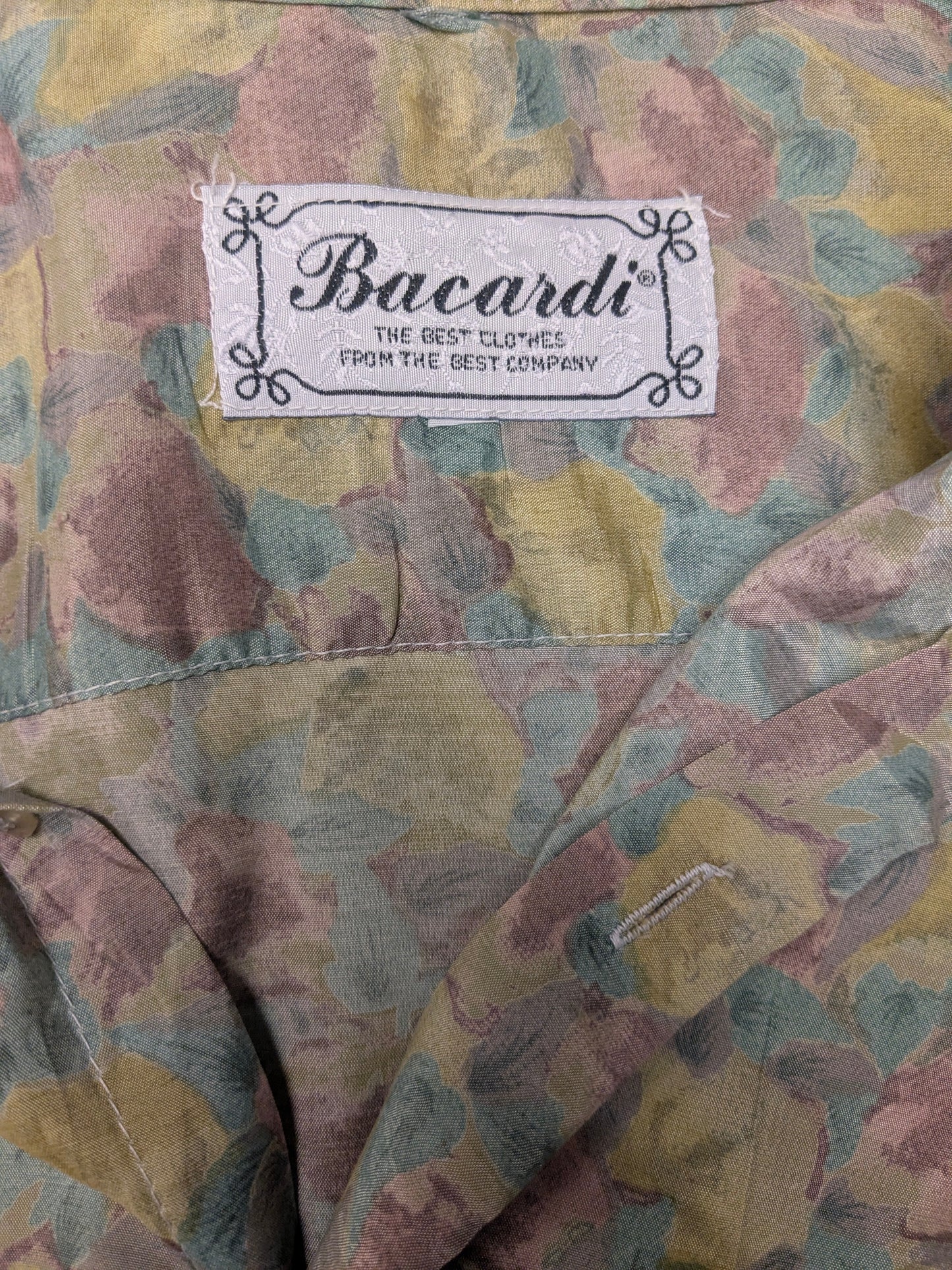 Vintage Bacardi Zijden overhemd korte mouw. Bruin Groen print. Maat L.