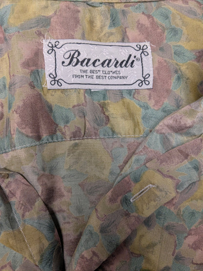 Vintage Bacardi Zijden overhemd korte mouw. Bruin Groen print. Maat L.