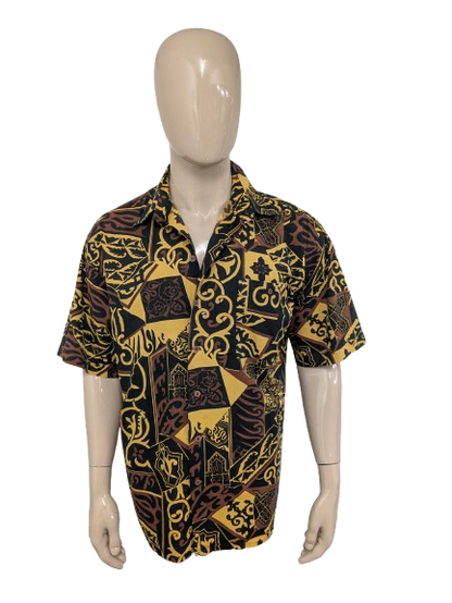 Vintage 80-90's shirts by Jac Tissot overhemd korte mouw. Bruin Zwart Gele print. Maat XL.
