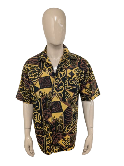 Vintage 80-90's shirts by Jac Tissot overhemd korte mouw. Bruin Zwart Gele print. Maat XL.