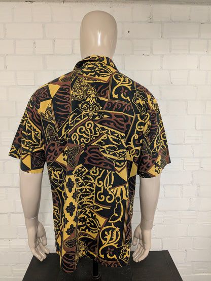 Vintage 80-90's shirts by Jac Tissot overhemd korte mouw. Bruin Zwart Gele print. Maat XL.