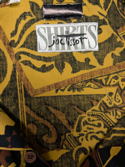 Vintage 80-90's shirts by Jac Tissot overhemd korte mouw. Bruin Zwart Gele print. Maat XL.