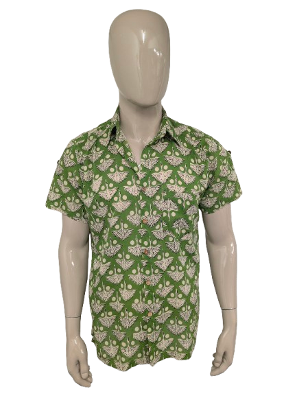 Vintage Gente Libre overhemd korte mouw. Groen zwart Beige print. Maat XL.