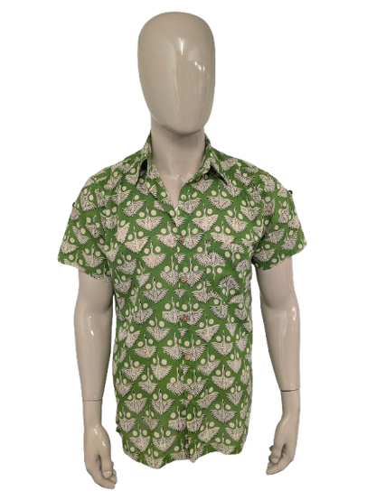 Vintage Gente Libre overhemd korte mouw. Groen zwart Beige print. Maat XL.