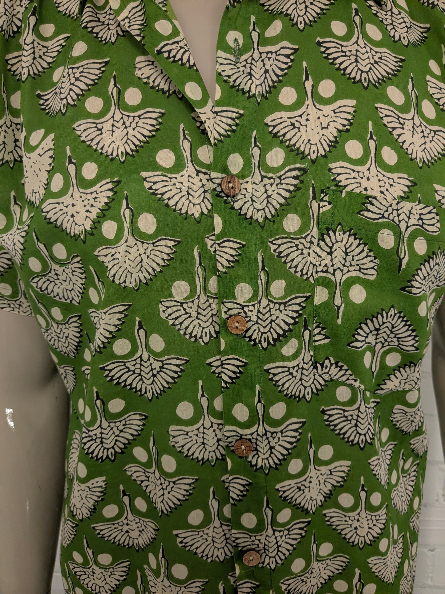 Vintage Gente Libre overhemd korte mouw. Groen zwart Beige print. Maat XL.