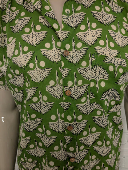 Vintage Gente Libre overhemd korte mouw. Groen zwart Beige print. Maat XL.