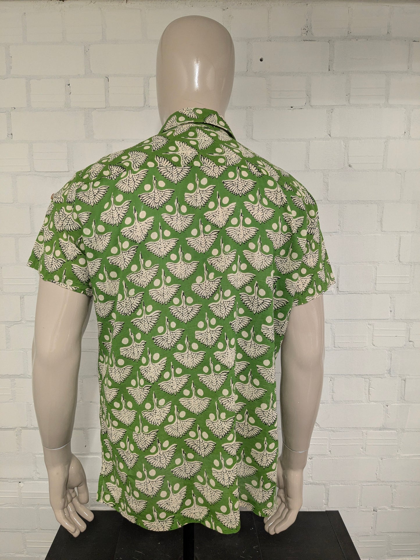 Vintage Gente Libre overhemd korte mouw. Groen zwart Beige print. Maat XL.