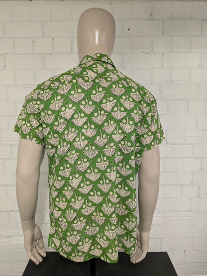 Vintage Gente Libre overhemd korte mouw. Groen zwart Beige print. Maat XL.