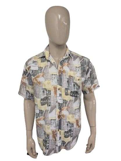 Vintage 80-90's Solutions overhemd korte mouw. Grijs Geel Groen Bruine print. Maat XL.