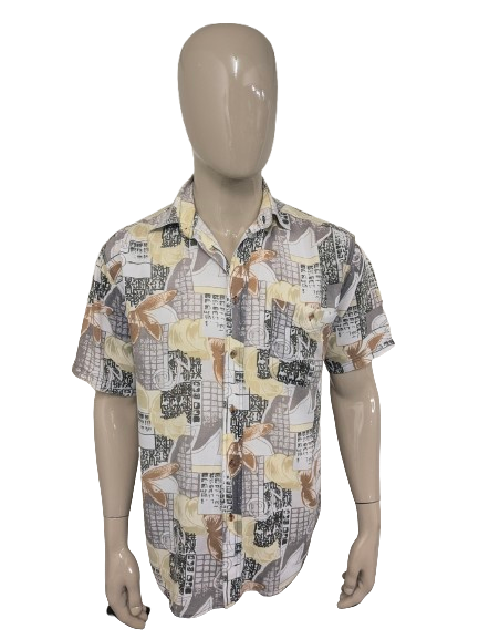 Vintage 80-90's Solutions overhemd korte mouw. Grijs Geel Groen Bruine print. Maat XL.