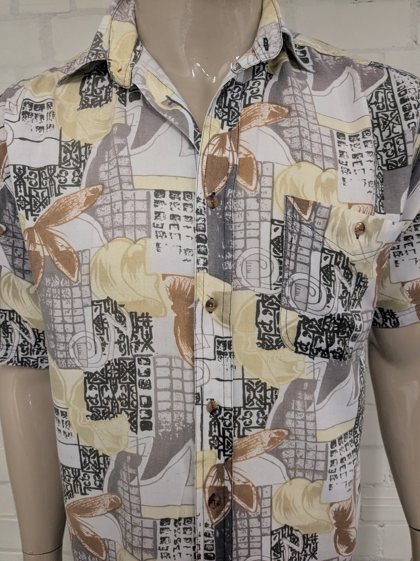 Vintage 80-90's Solutions overhemd korte mouw. Grijs Geel Groen Bruine print. Maat XL.