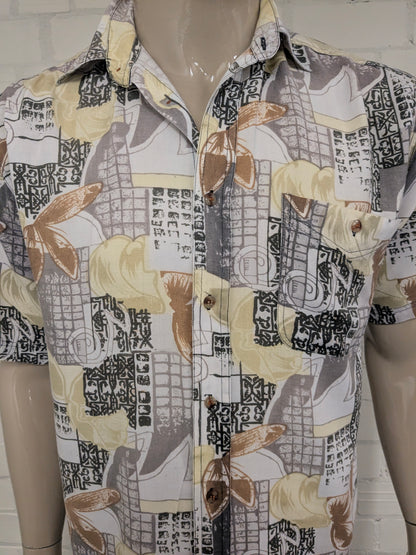 Vintage 80-90's Solutions overhemd korte mouw. Grijs Geel Groen Bruine print. Maat XL.