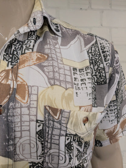 Vintage 80-90's Solutions overhemd korte mouw. Grijs Geel Groen Bruine print. Maat XL.