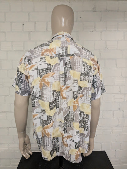 Vintage 80-90's Solutions overhemd korte mouw. Grijs Geel Groen Bruine print. Maat XL.