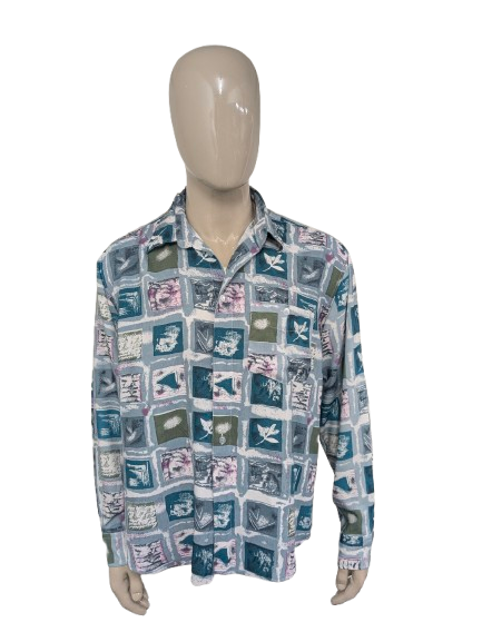 Vintage 80-90's C.C.Concord overhemd. Groen Paars Grijze print. Maat 2XL / XXL.
