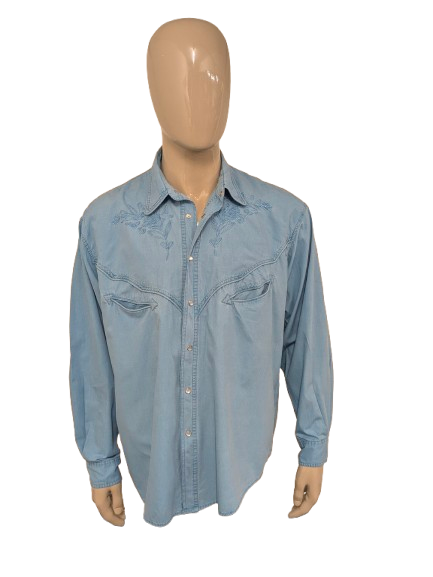 Vintage Aster Classic Western Style overhemd met drukknopen. Blauw gemêleerd. Maat 2XL / XXL.