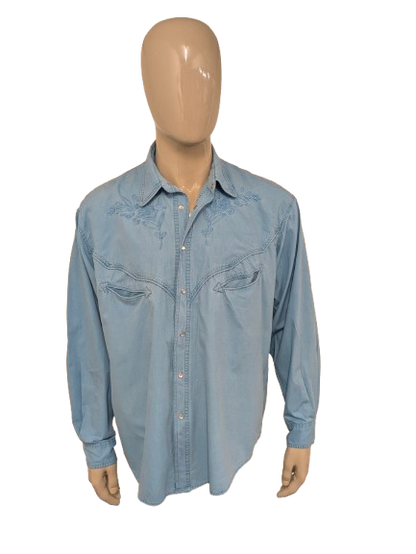 Vintage Aster Classic Western Style overhemd met drukknopen. Blauw gemêleerd. Maat 2XL / XXL.