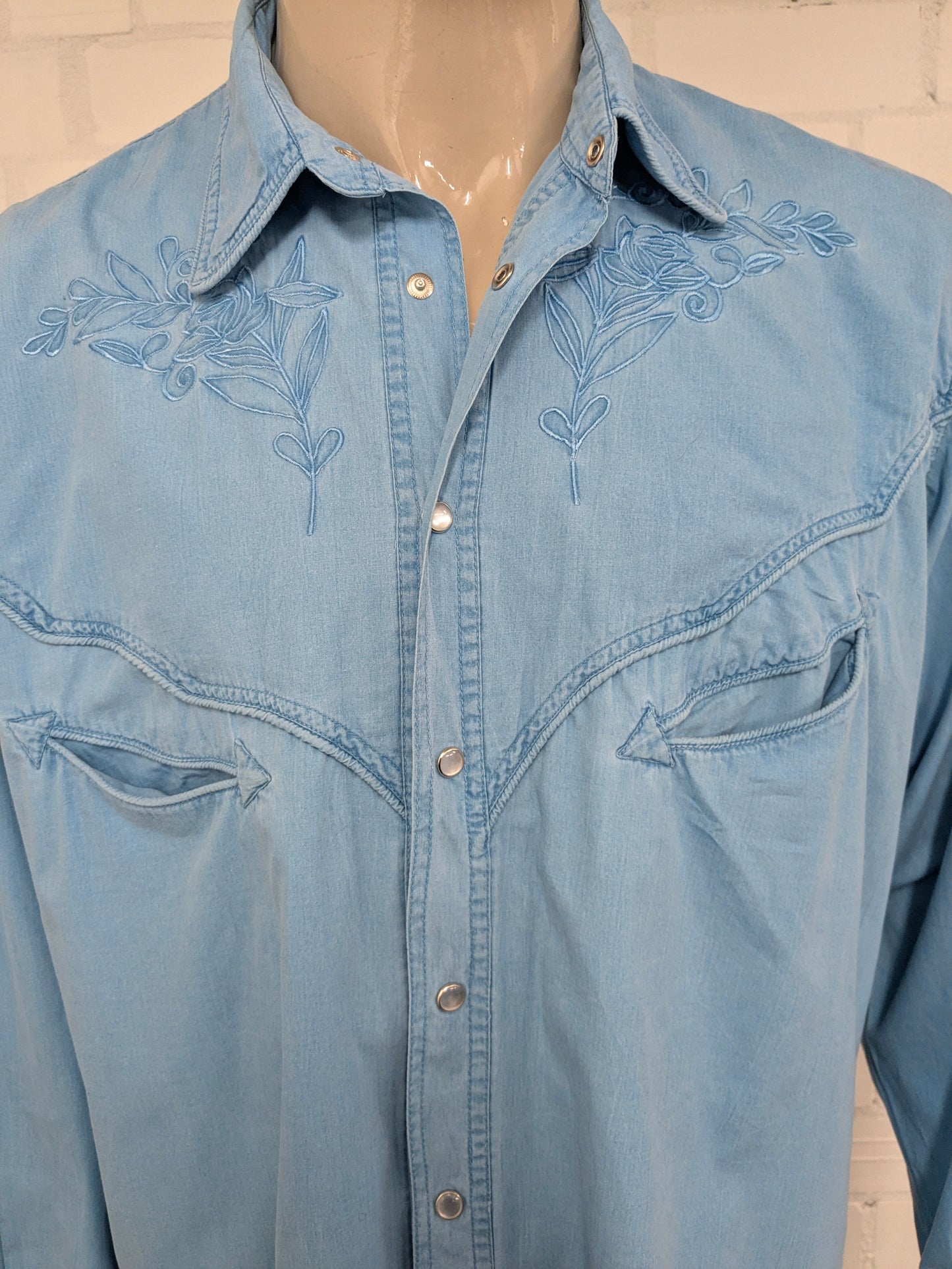 Vintage Aster Classic Western Style overhemd met drukknopen. Blauw gemêleerd. Maat 2XL / XXL.