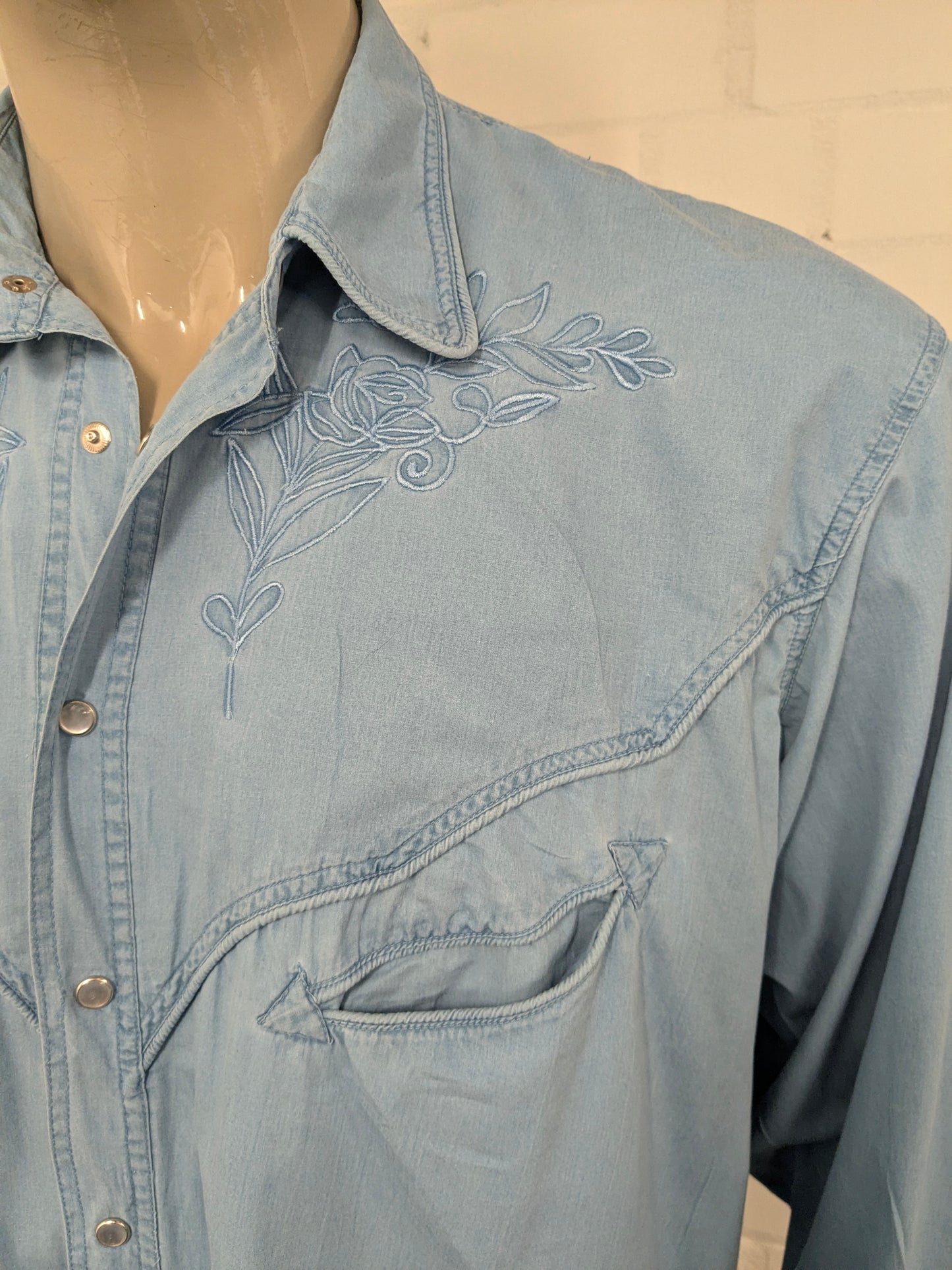 Vintage Aster Classic Western Style overhemd met drukknopen. Blauw gemêleerd. Maat 2XL / XXL.
