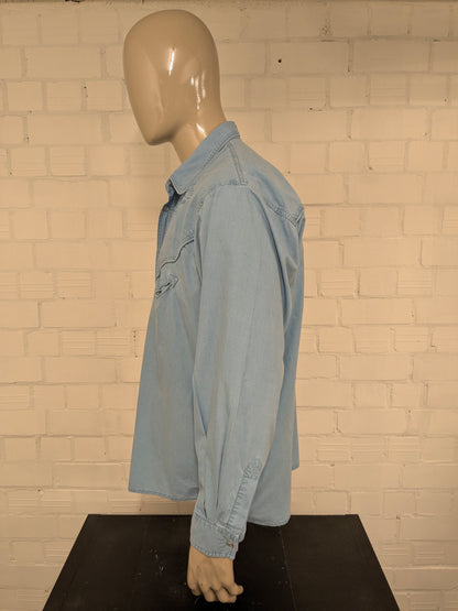 Vintage Aster Classic Western Style overhemd met drukknopen. Blauw gemêleerd. Maat 2XL / XXL.
