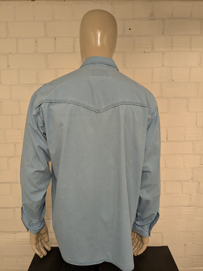 Vintage Aster Classic Western Style overhemd met drukknopen. Blauw gemêleerd. Maat 2XL / XXL.