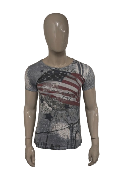 On Top Shirt – blau/grau mit rotem Aufdruck – Größe M