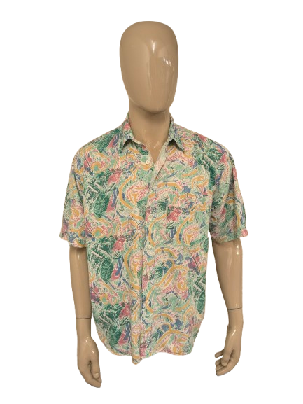 Vintage 80er/90er Liberty Hemd mit kurzen Ärmeln – grün/rosa/blauer Aufdruck – Größe 2XL