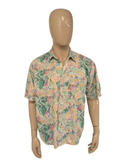 Vintage Liberty 80-90's overhemd korte mouw. Groen Roze Blauwe print. Maat 2XL / XXL.