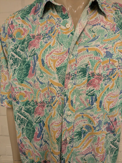 Vintage Liberty 80-90's overhemd korte mouw. Groen Roze Blauwe print. Maat 2XL / XXL.